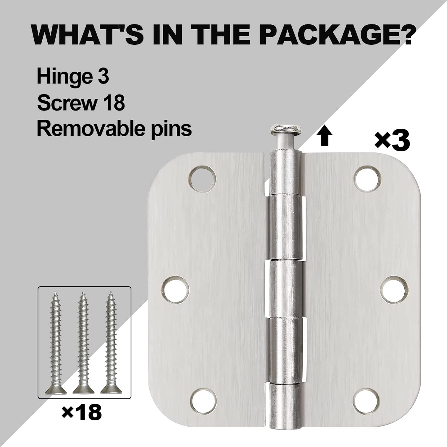 3.5 x 3.5 Inch Brushed Nickel Door Hinges with 5/8" Radius Corners - Pack of 3