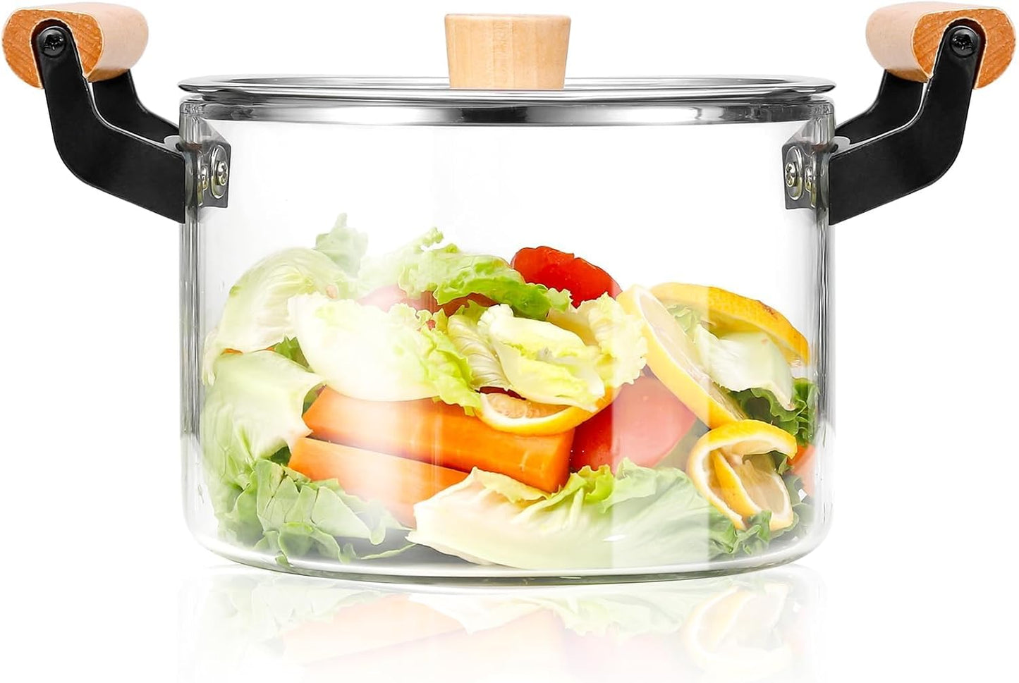 3.5L Clear Glass Cooking Pot with Wooden Handle and Lid for Stove - Large Simmer and Frying Pot