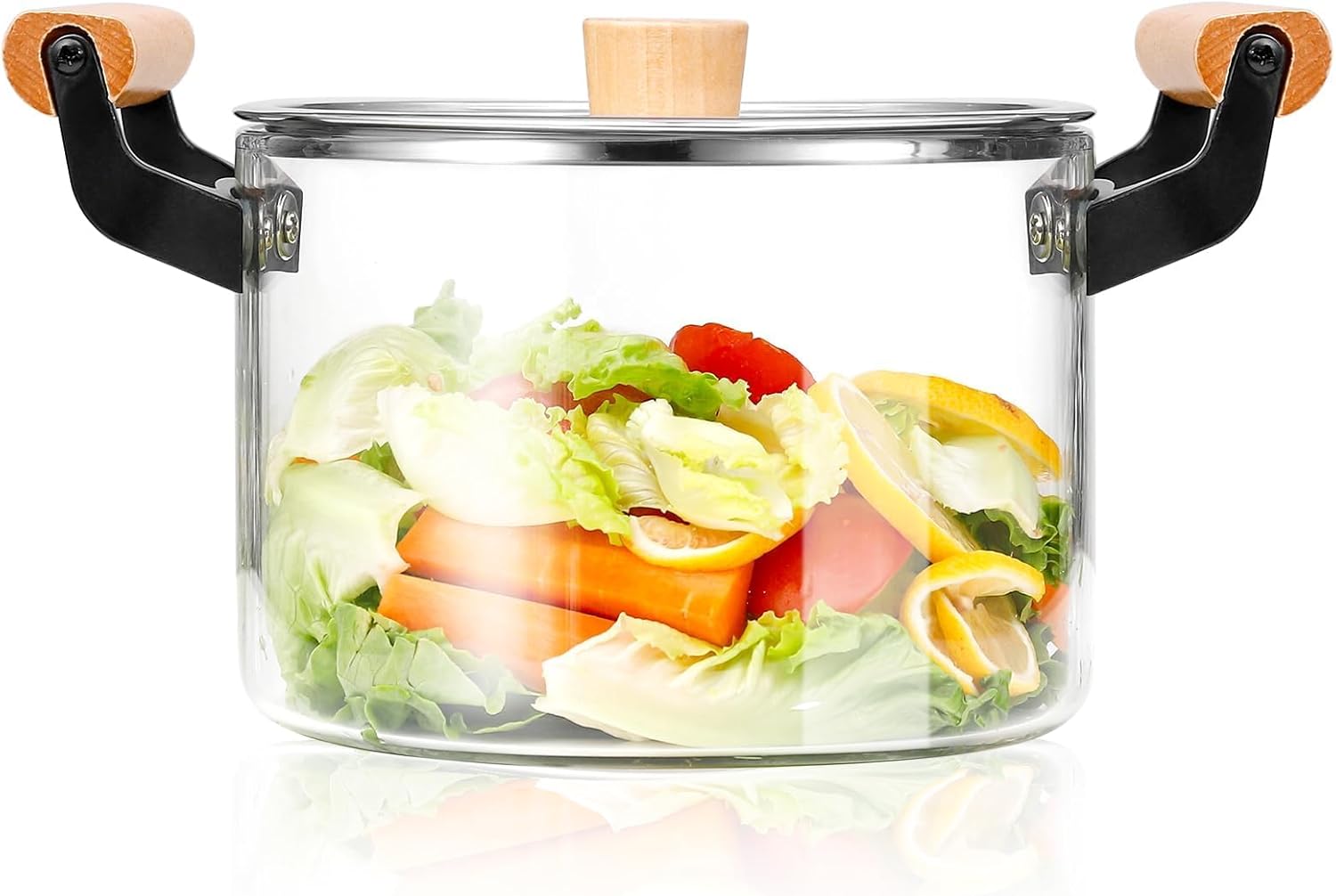3.5L Clear Glass Cooking Pot with Wooden Handle and Lid for Stove - Large Simmer and Frying Pot