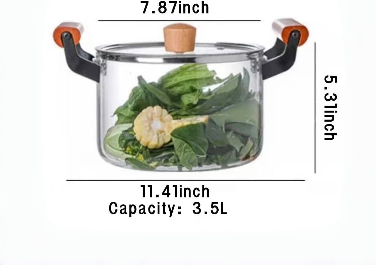 3.5L Clear Glass Cooking Pot with Wooden Handle and Lid for Stove - Large Simmer and Frying Pot