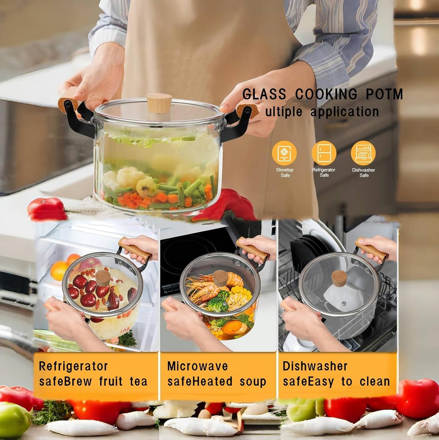 3.5L Clear Glass Cooking Pot with Wooden Handle and Lid for Stove - Large Simmer and Frying Pot