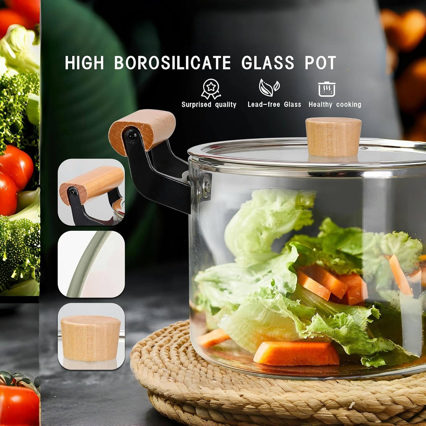 3.5L Clear Glass Cooking Pot with Wooden Handle and Lid for Stove - Large Simmer and Frying Pot