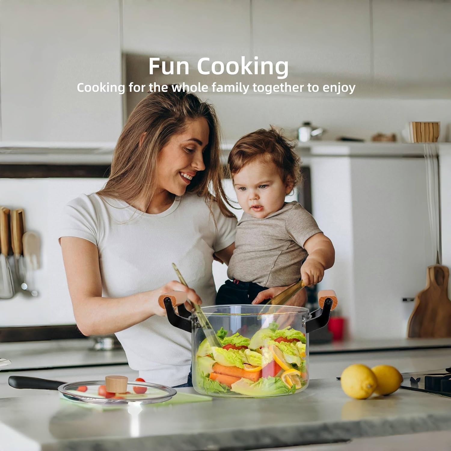 3.5L Clear Glass Cooking Pot with Wooden Handle and Lid for Stove - Large Simmer and Frying Pot