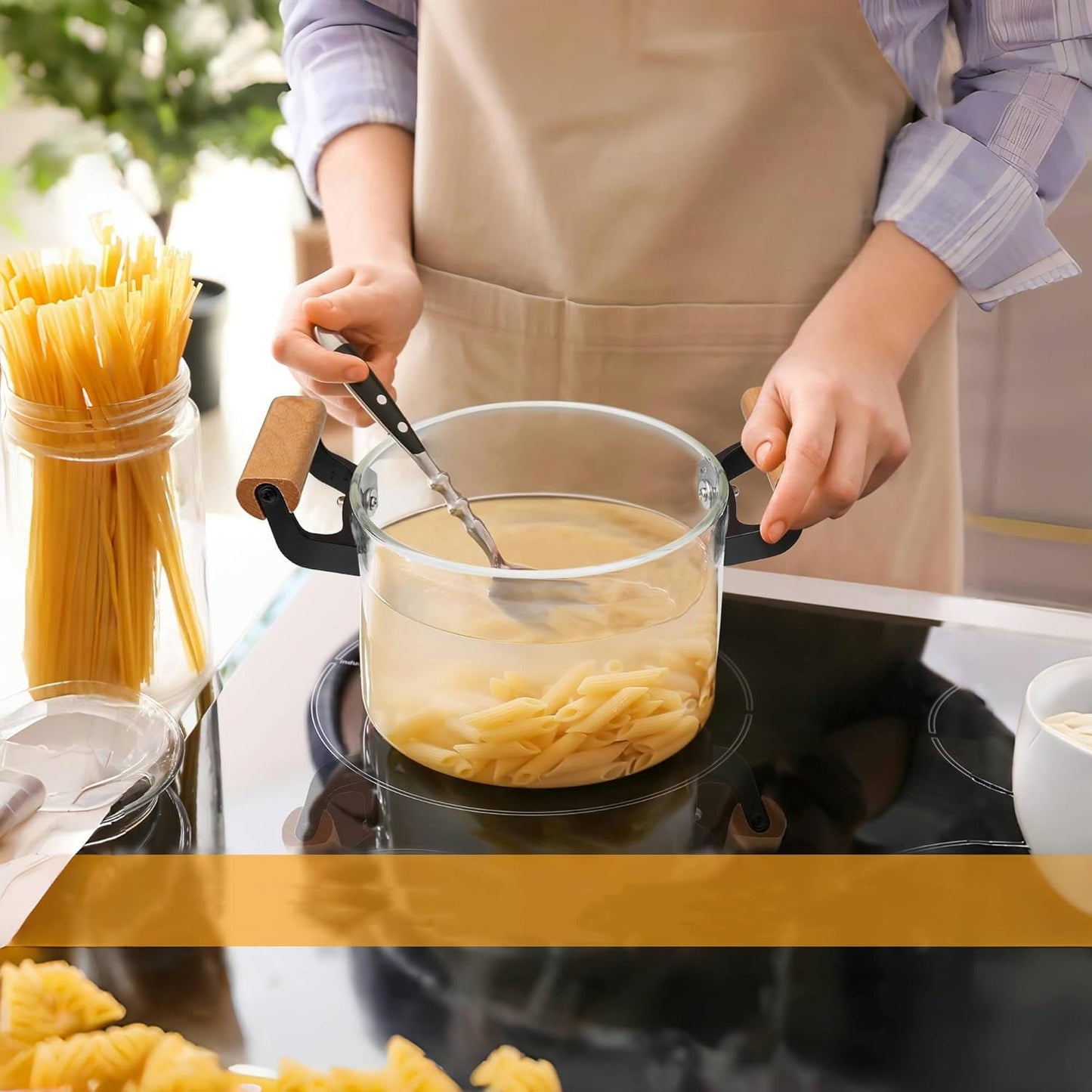 3.5L Clear Glass Cooking Pot with Wooden Handle and Lid for Stove - Large Simmer and Frying Pot