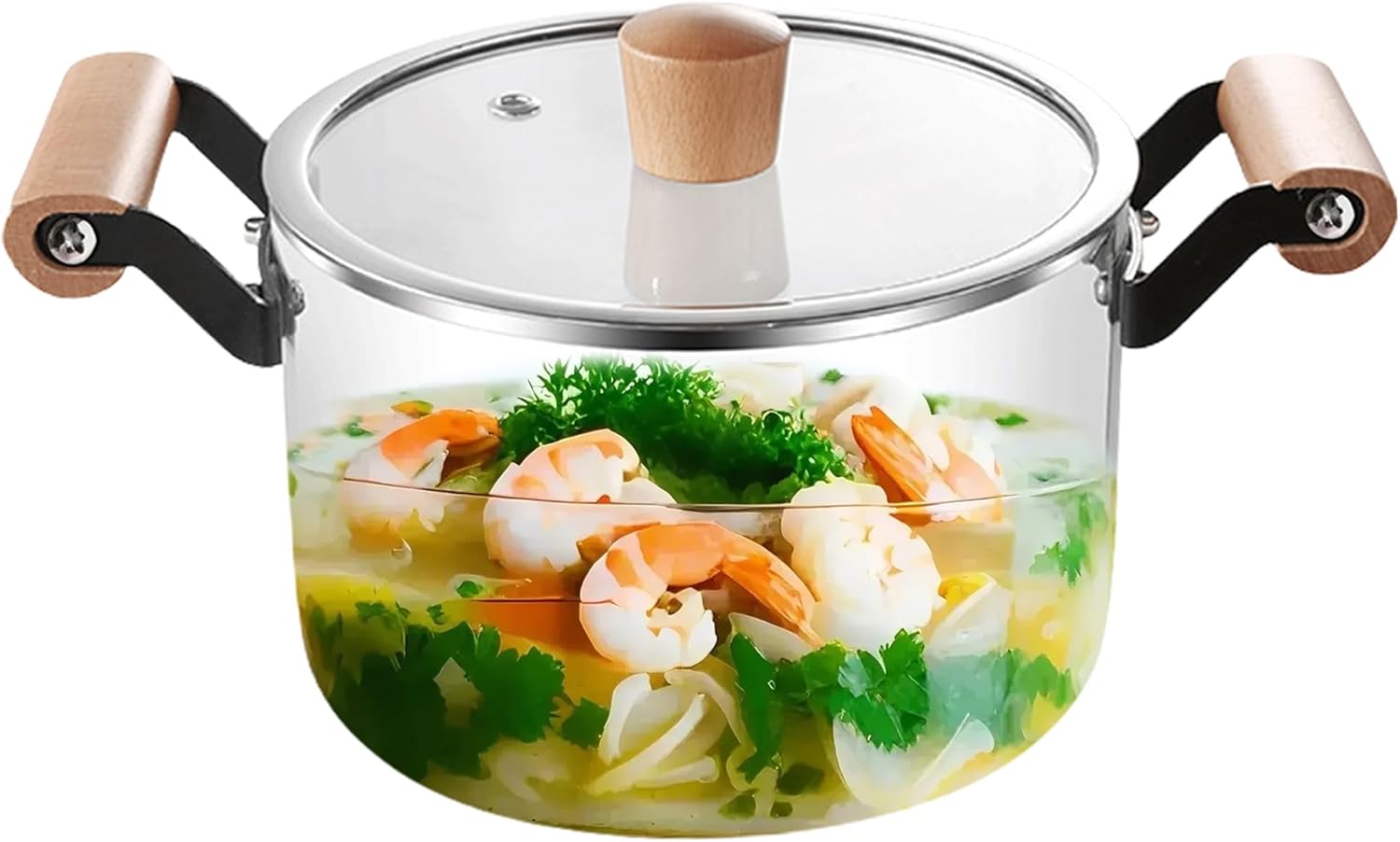 3.5L KEMORELA Glass Stockpot with Lid - Durable Borosilicate Glass Cooking Pot for Soups, Sauces, Stews - Heat-Resistant Glass Cookware with Wooden Handles