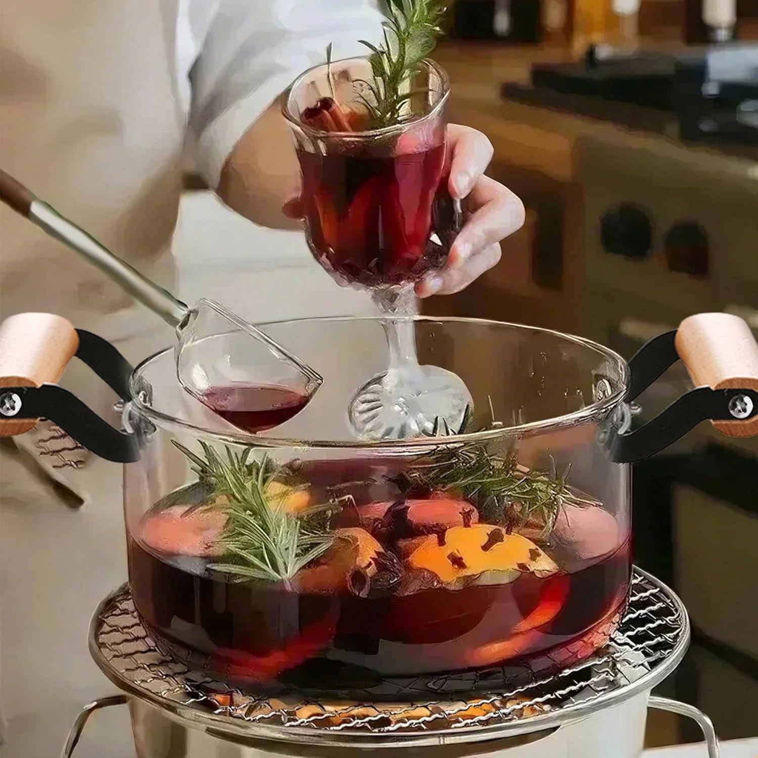 3.5L KEMORELA Glass Stockpot with Lid - Durable Borosilicate Glass Cooking Pot for Soups, Sauces, Stews - Heat-Resistant Glass Cookware with Wooden Handles