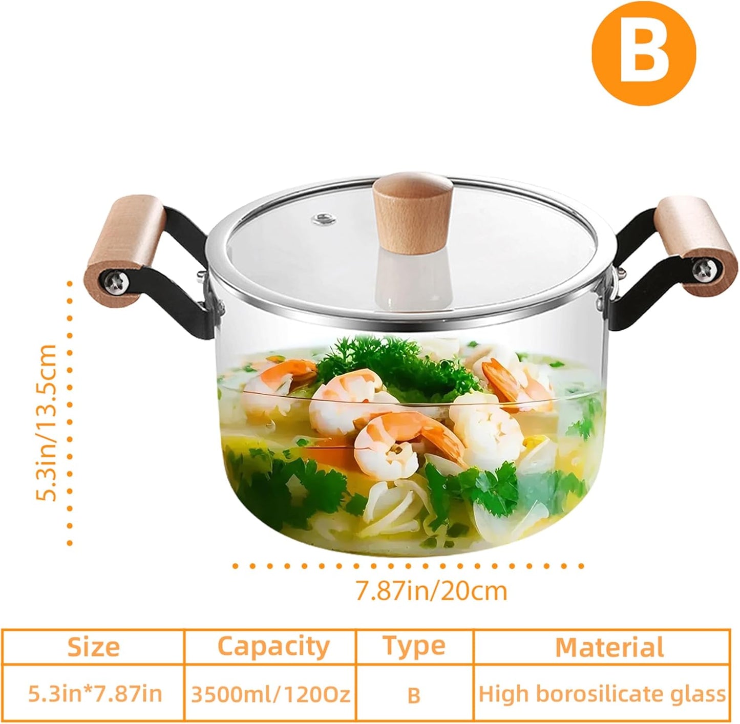 3.5L KEMORELA Glass Stockpot with Lid - Durable Borosilicate Glass Cooking Pot for Soups, Sauces, Stews - Heat-Resistant Glass Cookware with Wooden Handles