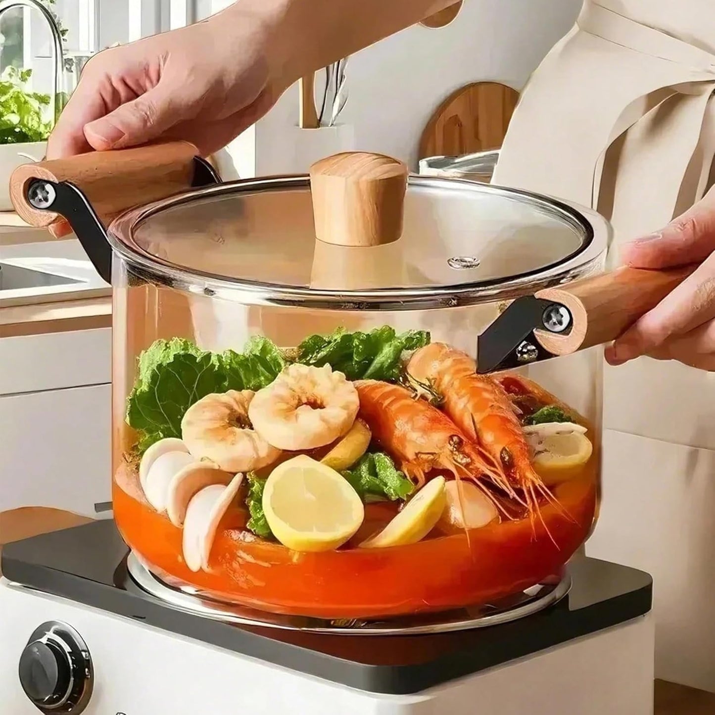 3.5L KEMORELA Glass Stockpot with Lid - Durable Borosilicate Glass Cooking Pot for Soups, Sauces, Stews - Heat-Resistant Glass Cookware with Wooden Handles