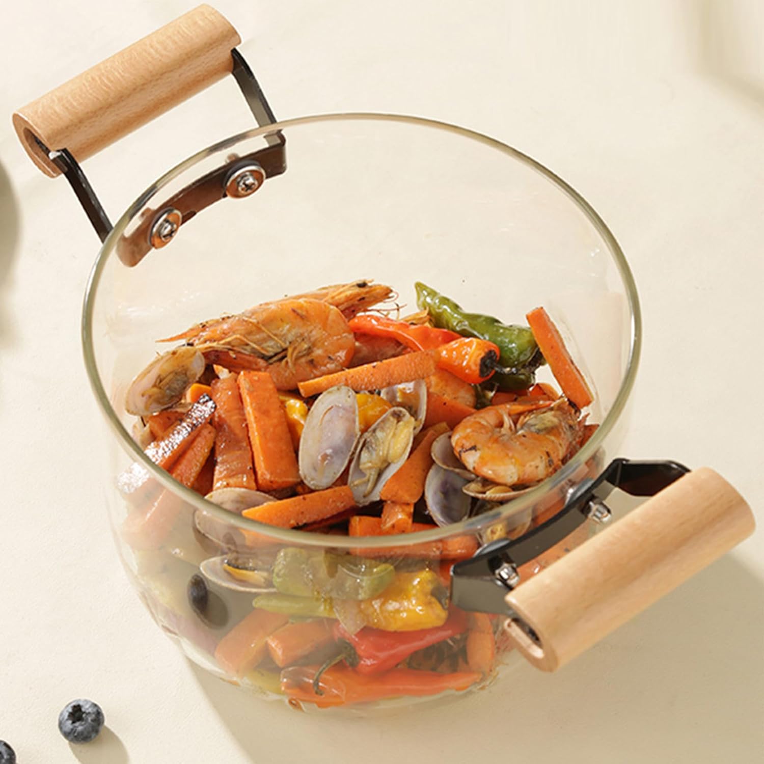 3.5L KEMORELA Glass Stockpot with Lid - Durable Borosilicate Glass Cooking Pot for Soups, Sauces, Stews - Heat-Resistant Glass Cookware with Wooden Handles