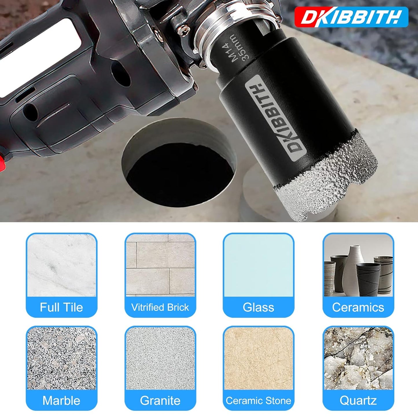 35mm Dry Diamond Core Drill Bit Set for Porcelain, Ceramic, Marble, Brick - Includes Hole Saw, Thread, and Hex Shank Adapter