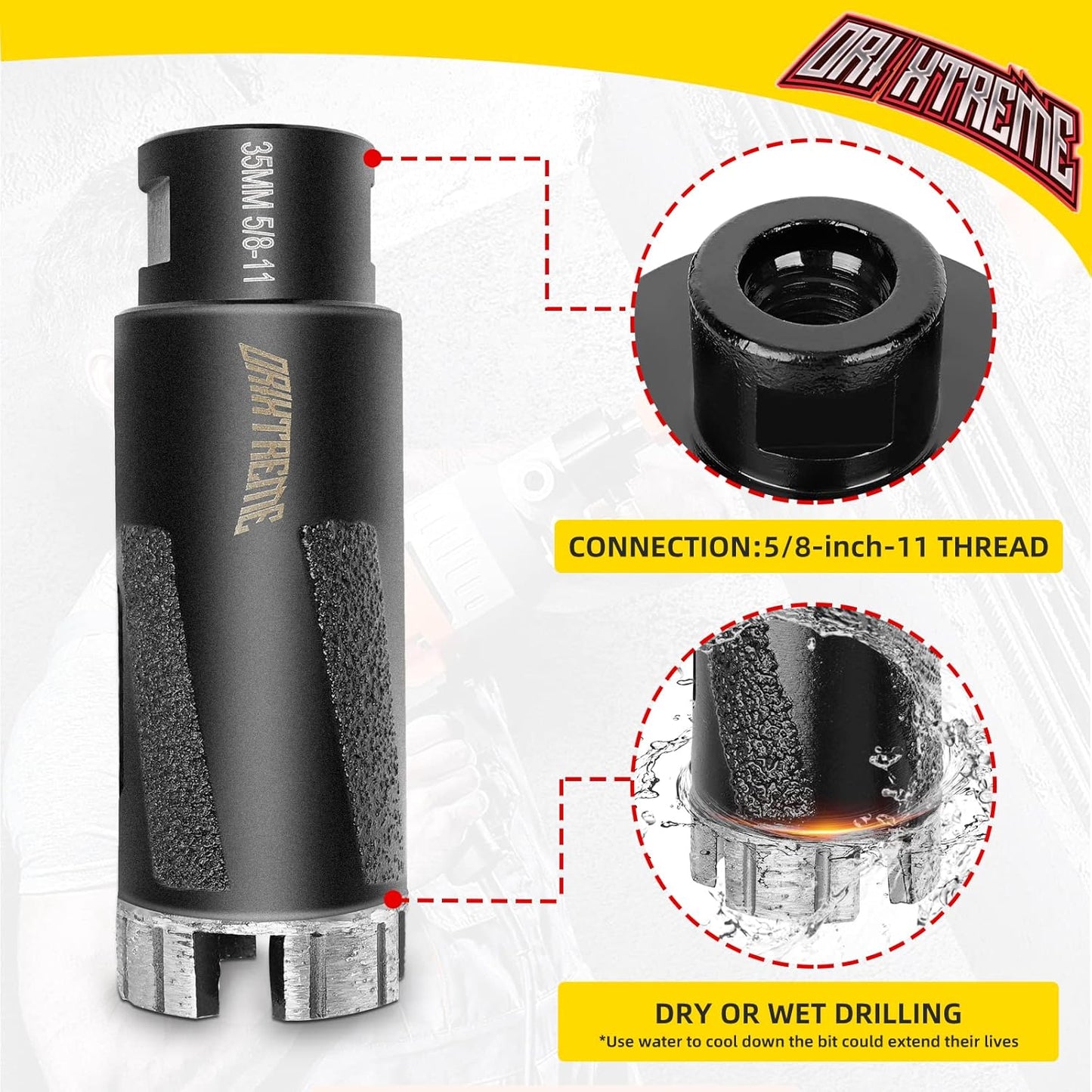 35mm ORIXTREME Diamond Core Drill Bits - 1-3/8 Inch Granite Hole Saw for Dry Drilling Concrete, Marble, Stone - 5/8-11 Thread