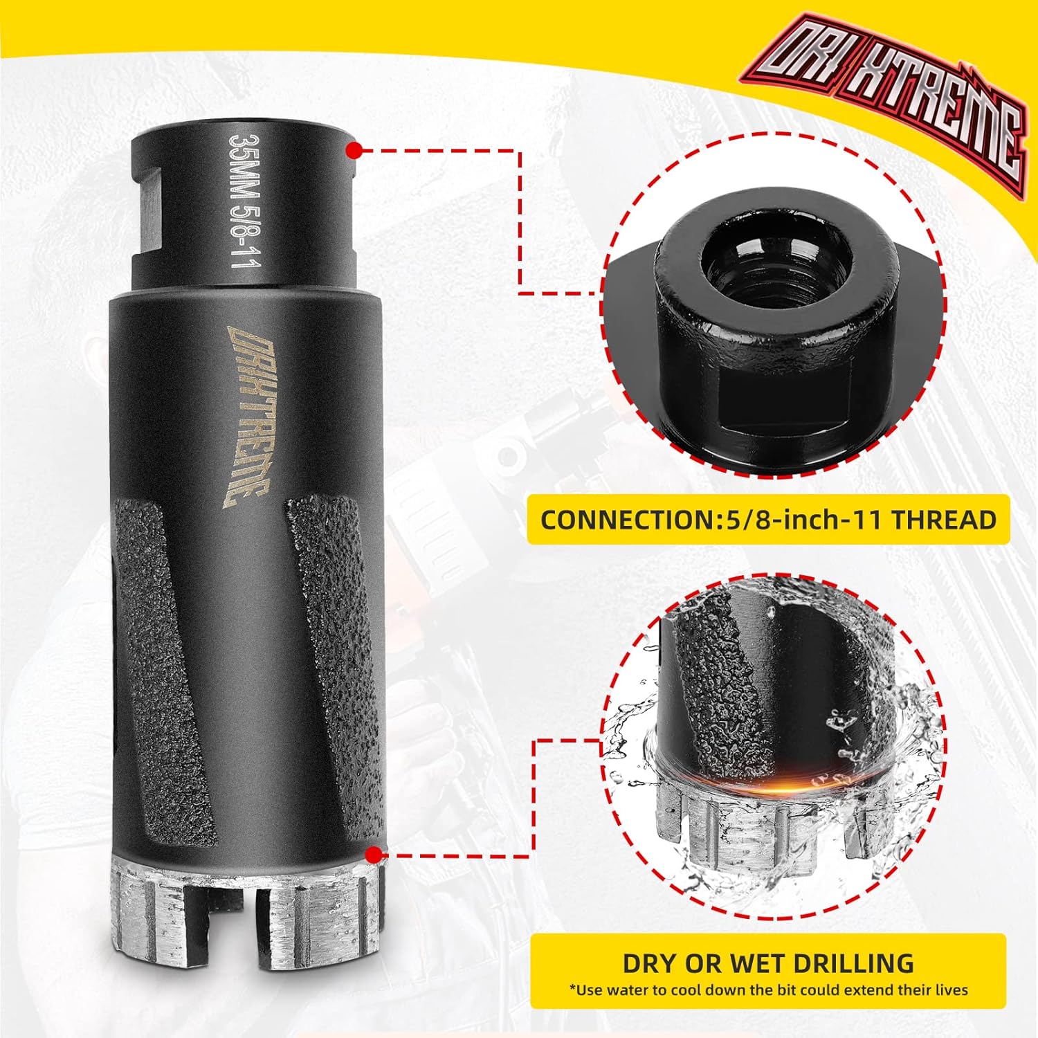 35mm ORIXTREME Diamond Core Drill Bits - 1-3/8 Inch Granite Hole Saw for Dry Drilling Concrete, Marble, Stone - 5/8-11 Thread