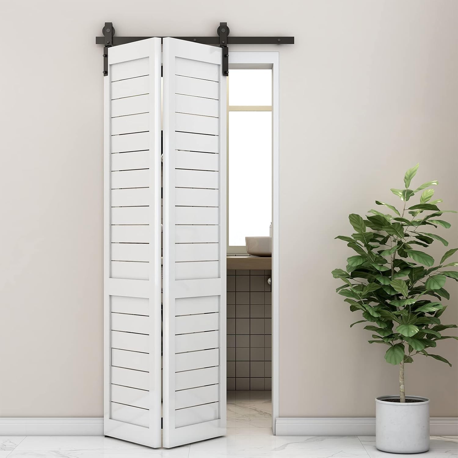 36" Bi-Folding Sliding Barn Door Hardware Kit - Smooth & Quiet Operation, Side Mounted Black Roller, Easy Installation - Fits Double 16" Bifold Doors (Door Not Included) - WildKart