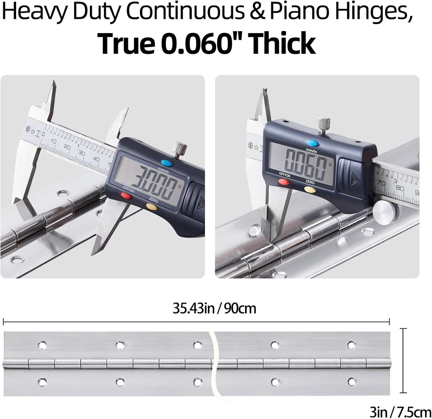 36 Inch Stainless Steel Piano Hinge with Holes - Heavy Duty Continuous Hinge for Cabinet, Doors, Wood Boxes - 0.060'' Thick