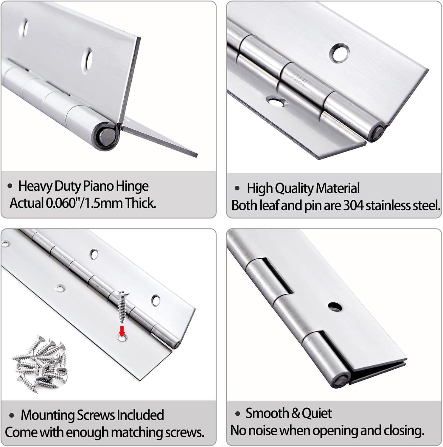 36 Inch Stainless Steel Piano Hinge with Holes - Heavy Duty Continuous Hinge for Cabinet, Doors, Wood Boxes - 0.060'' Thick