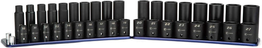 36-Piece Metric Impact Socket Set with Billet Aluminum Rail - 1/2 in. Drive, Shallow and Deep, 10-27 mm - Capri Tools CP55000-36MSDR