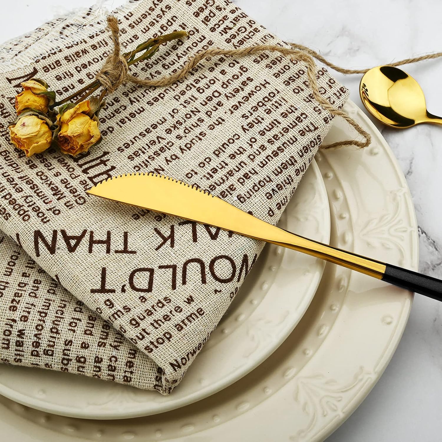 36-Piece Silverware Set with Black Handle, Mirror Polished Gold Flatware - 18/0 Stainless Steel Cutlery for Kitchen, Party, Wedding Service