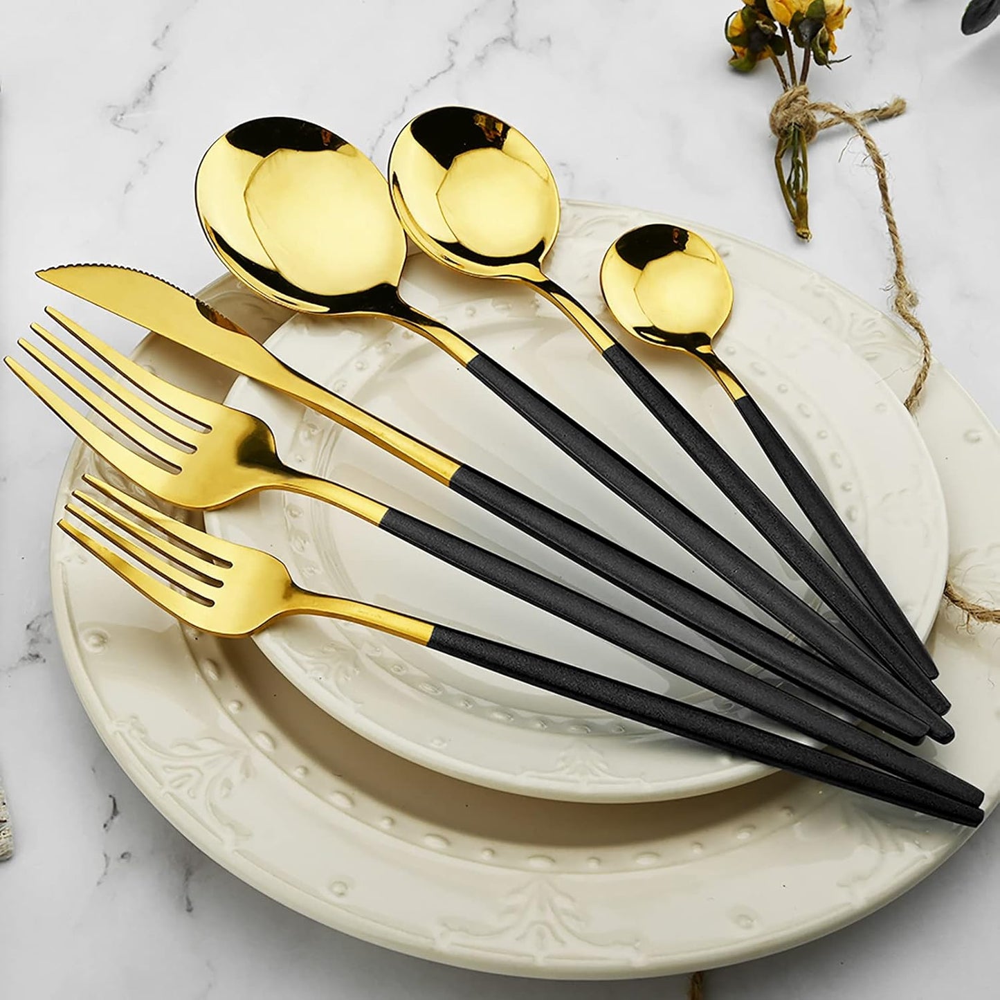 36-Piece Silverware Set with Black Handle, Mirror Polished Gold Flatware - 18/0 Stainless Steel Cutlery for Kitchen, Party, Wedding Service