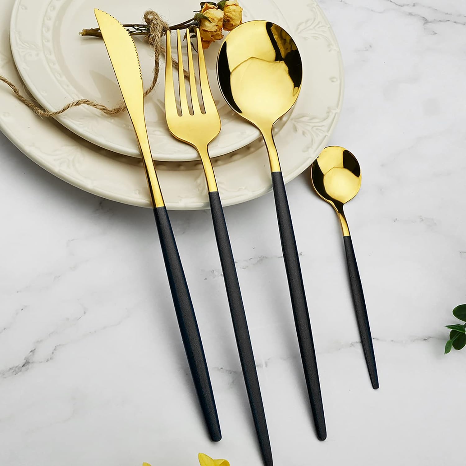 36-Piece Silverware Set with Black Handle, Mirror Polished Gold Flatware - 18/0 Stainless Steel Cutlery for Kitchen, Party, Wedding Service
