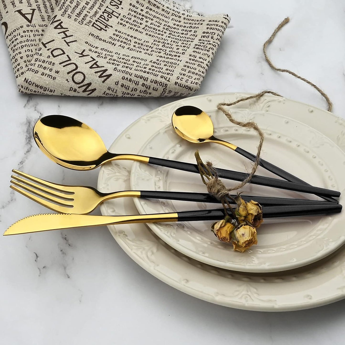 36-Piece Silverware Set with Black Handle, Mirror Polished Gold Flatware - 18/0 Stainless Steel Cutlery for Kitchen, Party, Wedding Service