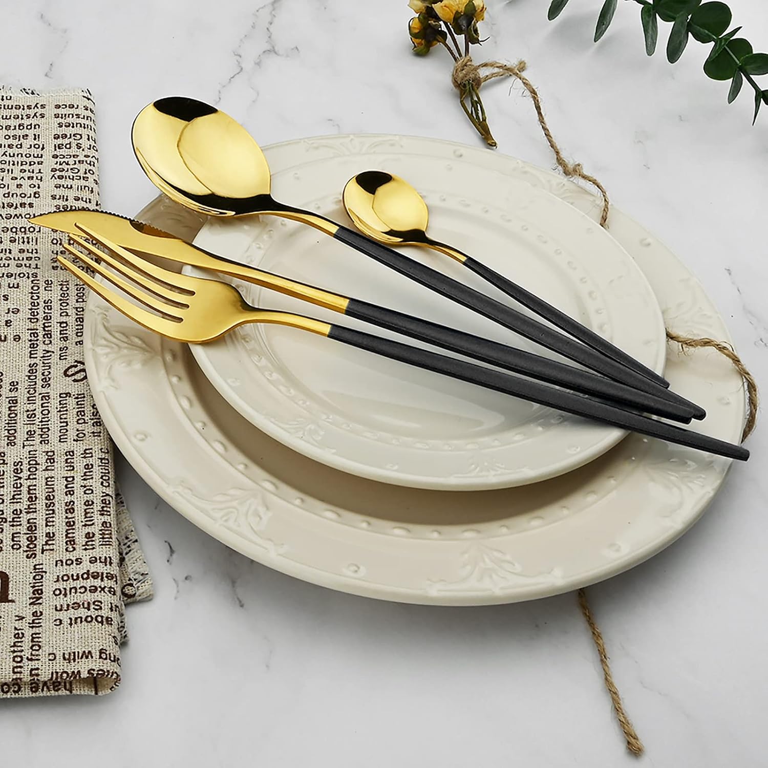 36-Piece Silverware Set with Black Handle, Mirror Polished Gold Flatware - 18/0 Stainless Steel Cutlery for Kitchen, Party, Wedding Service