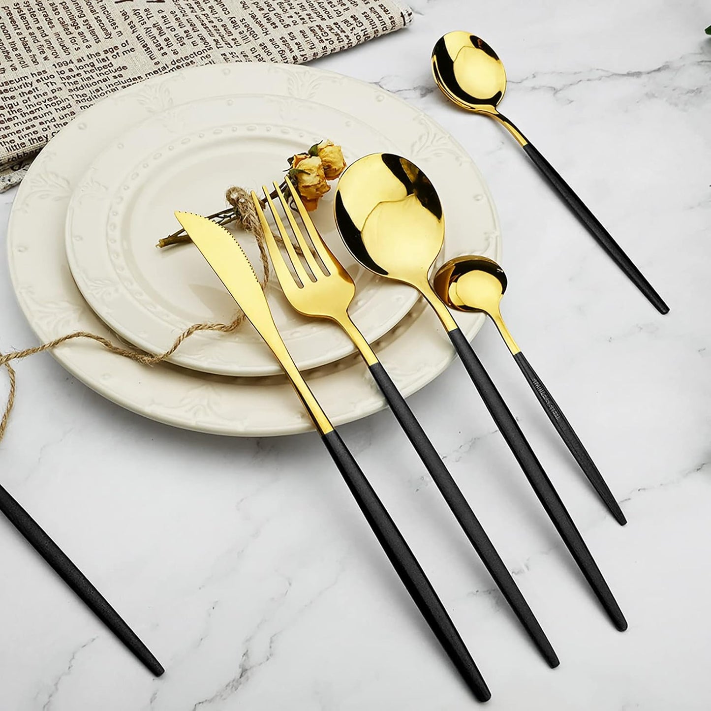 36-Piece Silverware Set with Black Handle, Mirror Polished Gold Flatware - 18/0 Stainless Steel Cutlery for Kitchen, Party, Wedding Service