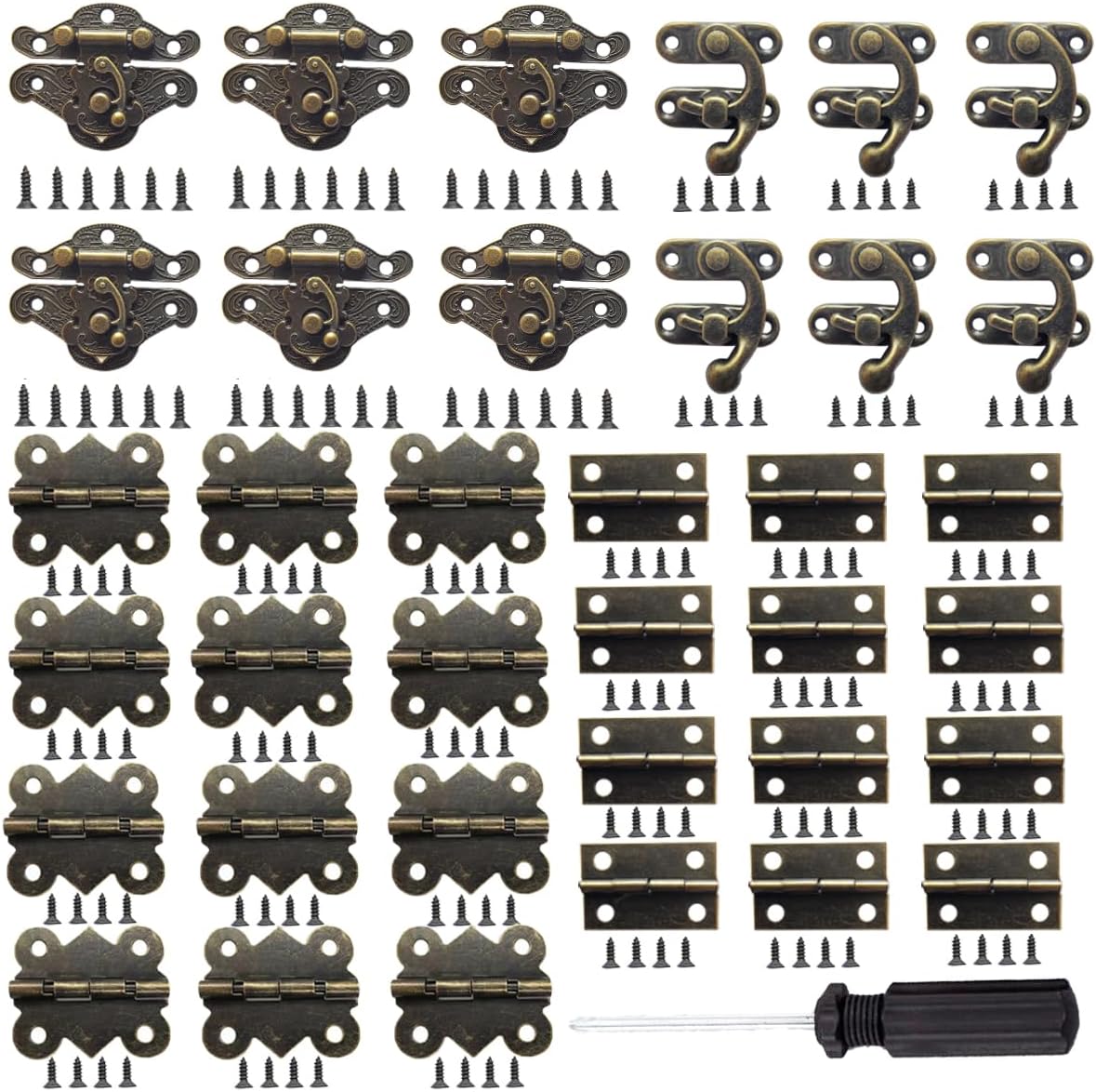 36 Sets Retro Bronze Brass Latch Hinges and Latches Hardware Kit for Wooden Jewelry Box and Decorative Cabinet with Matching Screws - 12 Catches and 24 Hinges