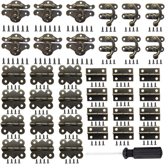 36 Sets Retro Bronze Brass Latch Hinges and Latches Hardware Kit for Wooden Jewelry Box and Decorative Cabinet with Matching Screws - 12 Catches and 24 Hinges