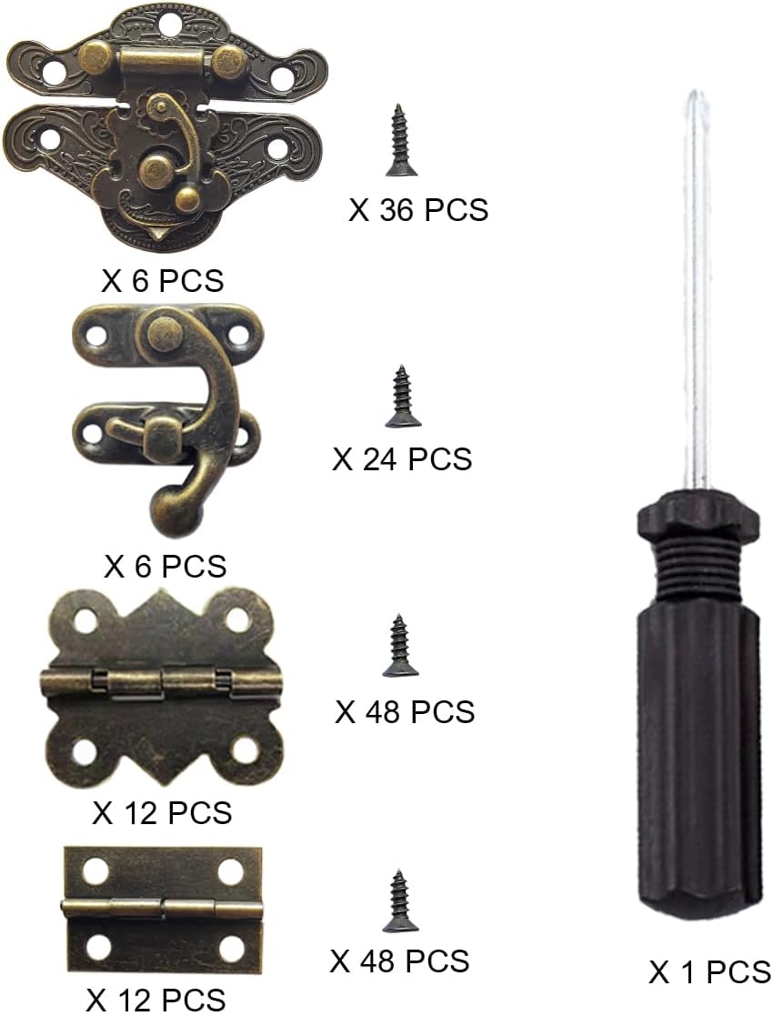 36 Sets Retro Bronze Brass Latch Hinges and Latches Hardware Kit for Wooden Jewelry Box and Decorative Cabinet with Matching Screws - 12 Catches and 24 Hinges