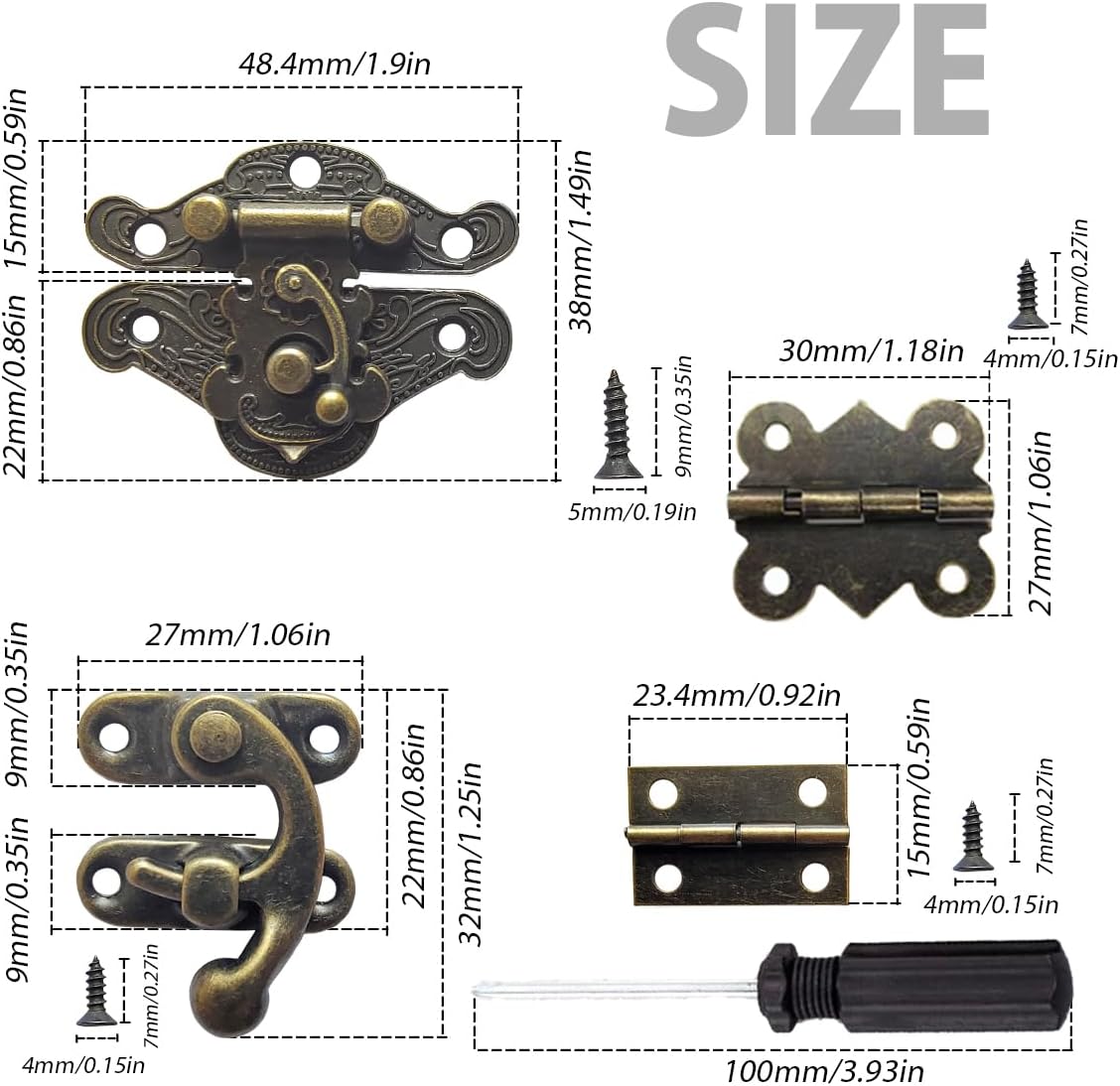 36 Sets Retro Bronze Brass Latch Hinges and Latches Hardware Kit for Wooden Jewelry Box and Decorative Cabinet with Matching Screws - 12 Catches and 24 Hinges