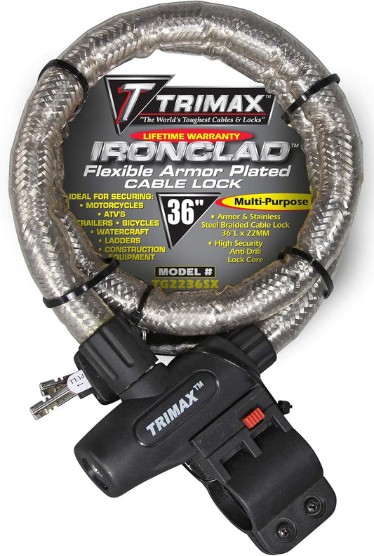 36" Trimax TG2236SX High Security Armor Plated Stainless Steel Locking Cable with Quick Release Tubular Mounting Bracket - 22mm