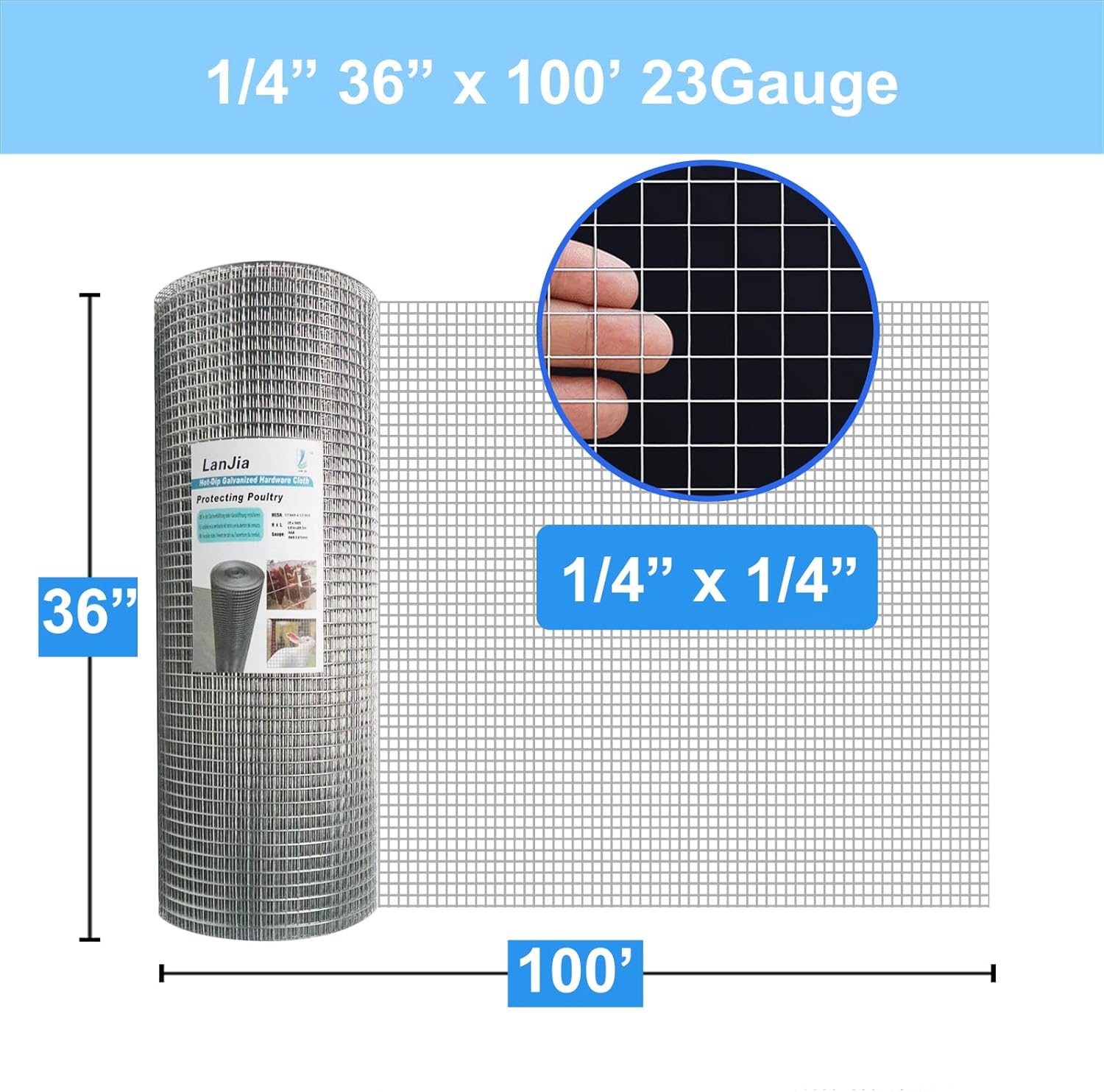 36" x 100' 1/4 inch Mesh Hardware Cloth Roll - 23 Gauge Galvanized Wire Fence for Chicken Wire, Welded Fencing, Gopher Barrier - WildKart