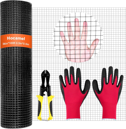 36 x 100 ft Black Vinyl Coated Hardware Cloth 1/2 inch Mesh Roll - 19 Gauge Galvanized Wire Metal Fencing for Poultry Cage and Home Projects