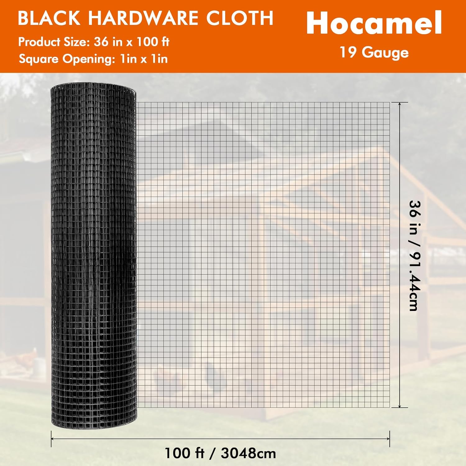 36 x 100 ft Black Vinyl Coated Hardware Cloth 1/2 inch Mesh Roll - 19 Gauge Galvanized Wire Metal Fencing for Poultry Cage and Home Projects