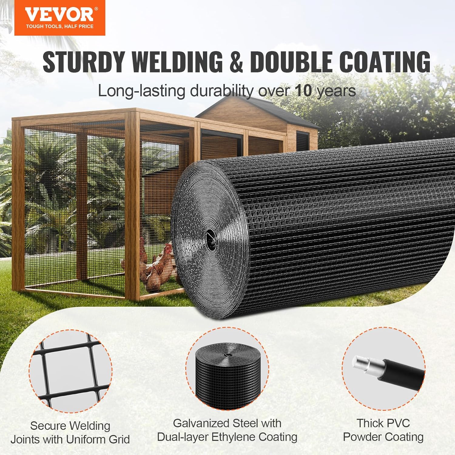36'' x 50' 1/2 inch Galvanized Wire Mesh Roll for Chicken Coop, Rabbit Snake Fences - VEVOR Hardware Cloth, 19 Gauge Vinyl Coated Metal Wire Mesh - WildKart
