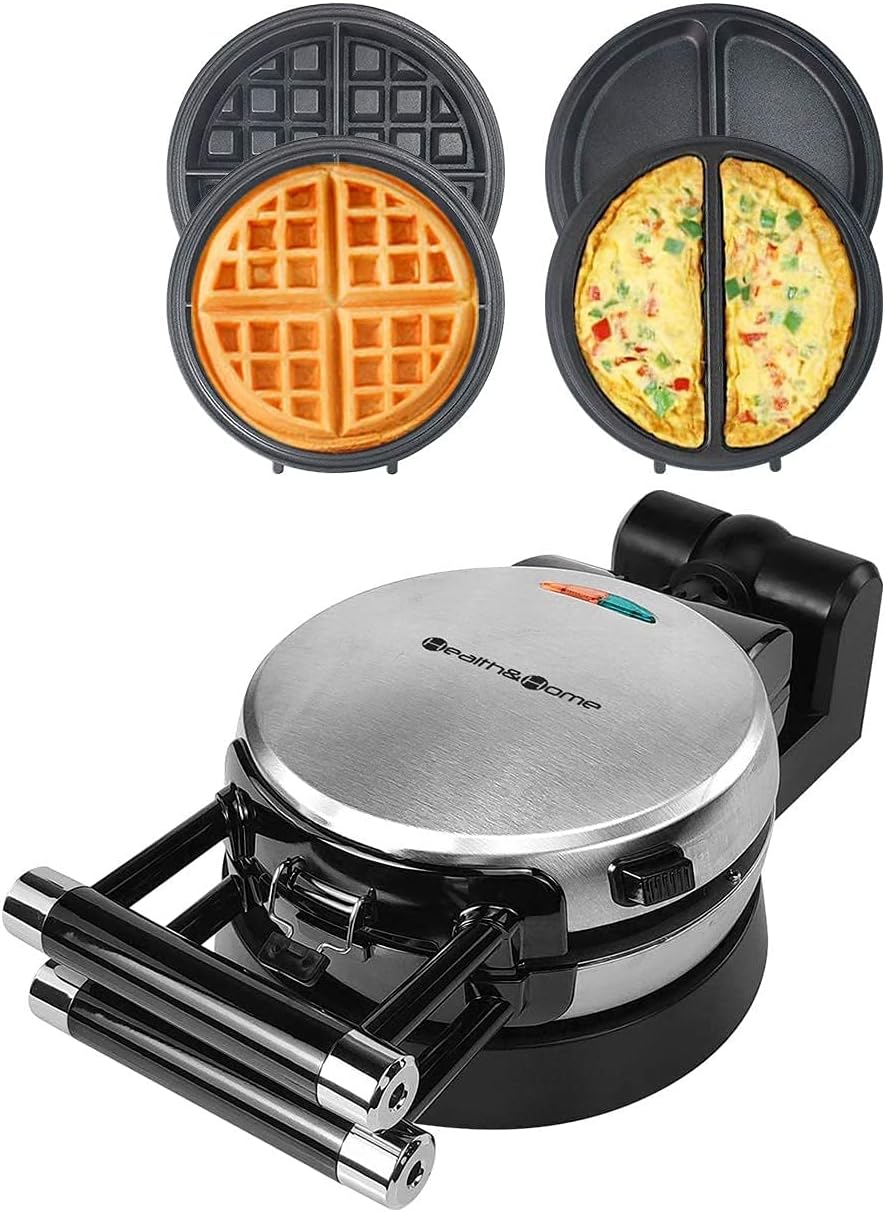 360 Rotating Belgian Waffle Maker with Nonstick Plates for Baking Waffles and Omelets at Home