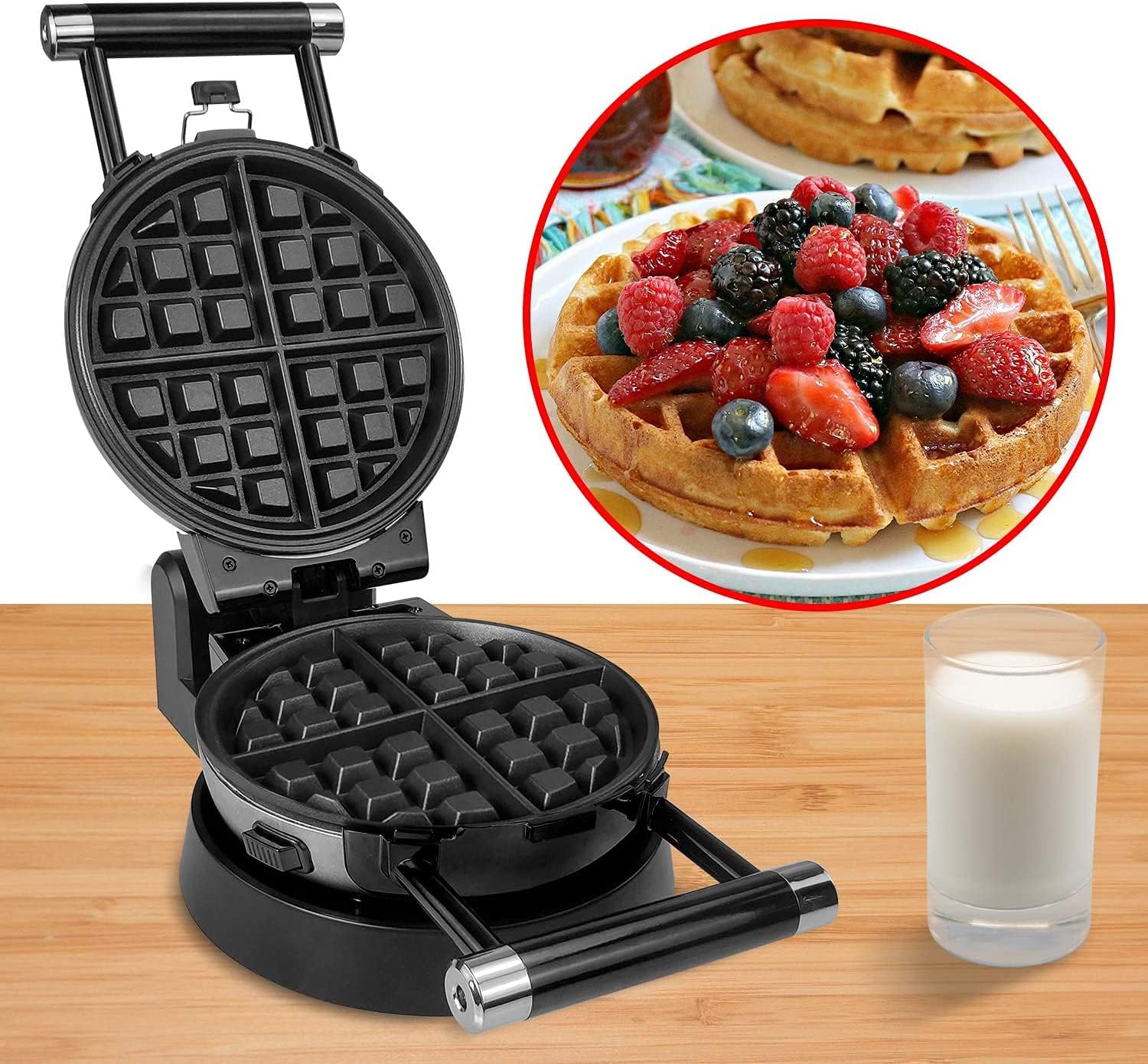 360 Rotating Belgian Waffle Maker with Nonstick Plates for Baking Waffles and Omelets at Home