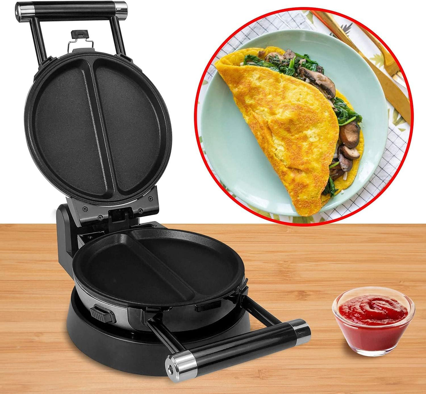 360 Rotating Belgian Waffle Maker with Nonstick Plates for Baking Waffles and Omelets at Home