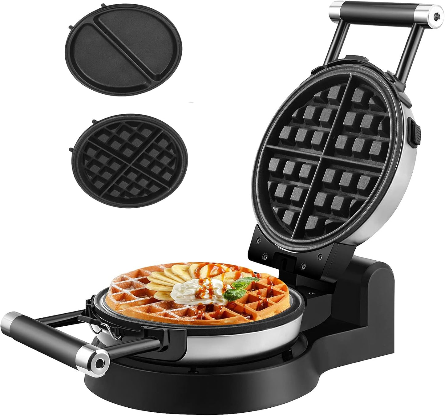 360 Rotating Belgian Waffle Maker with Nonstick Plates for Baking Waffles and Omelets at Home