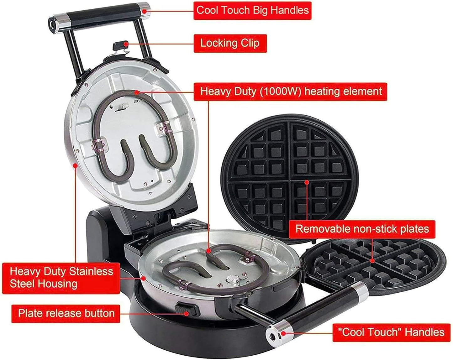 360 Rotating Belgian Waffle Maker with Nonstick Plates for Baking Waffles and Omelets at Home