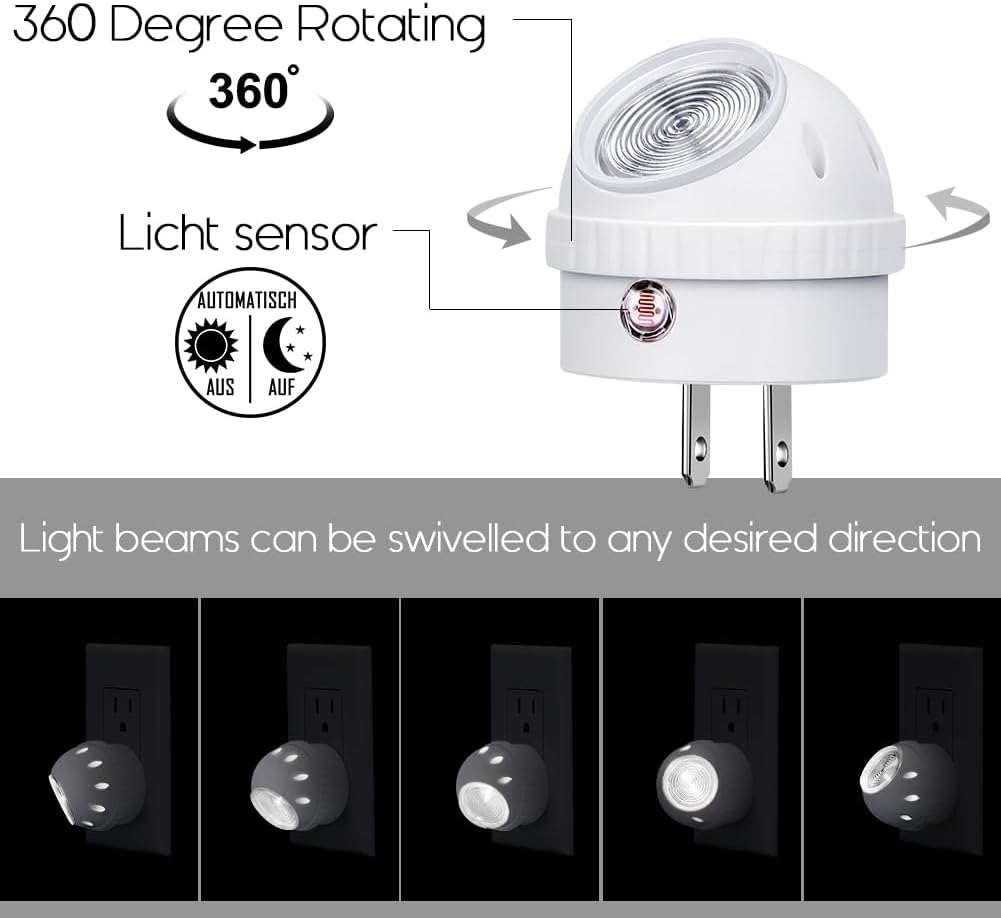 360° Rotation Neutral White LED Nightlights with Dusk to Dawn Sensor - 6 Pack for Bedroom, Hallway, Bathroom, Kitchen, Stairways, Corridor - Kids & Adults Friendly