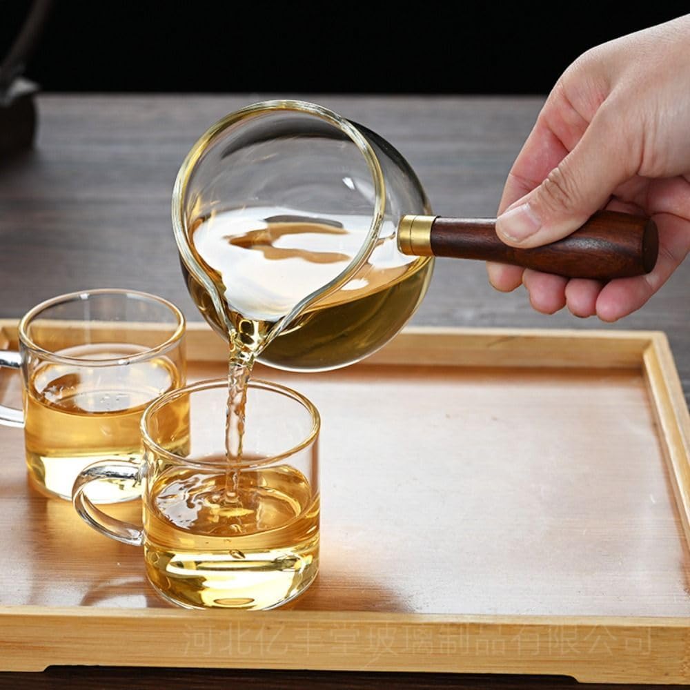 360ml Glass Milk Pan with Wooden Handle - Clear Tea Kettle Dispenser Pot for Loose Leaf Tea - AM0XEB0JGS5US