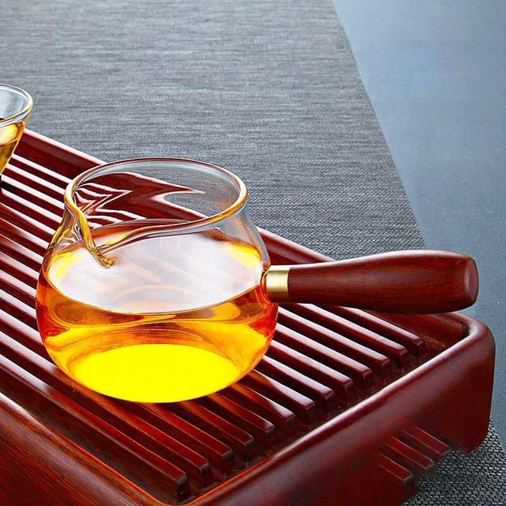 360ml Glass Milk Pan with Wooden Handle - Clear Tea Kettle Dispenser Pot for Loose Leaf Tea - AM0XEB0JGS5US