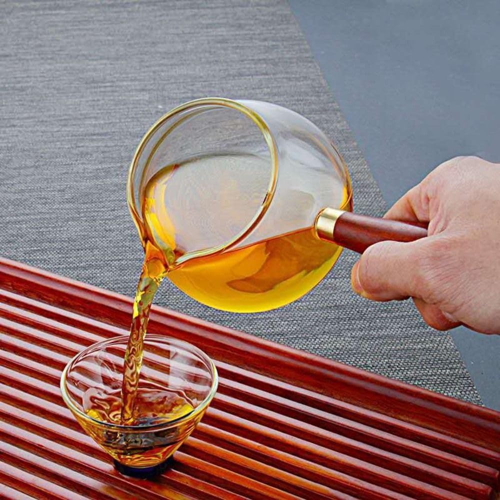 360ml Glass Milk Pan with Wooden Handle - Clear Tea Kettle Dispenser Pot for Loose Leaf Tea - AM0XEB0JGS5US
