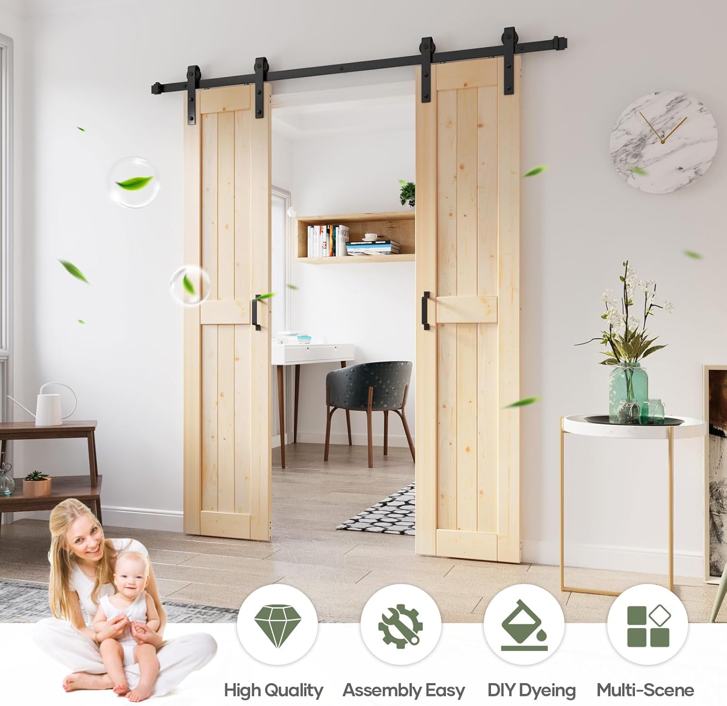 36x84 inch Double Sliding Barn Wood Door Slab with 6.6ft Hardware Kit - Easy DIY Assembly