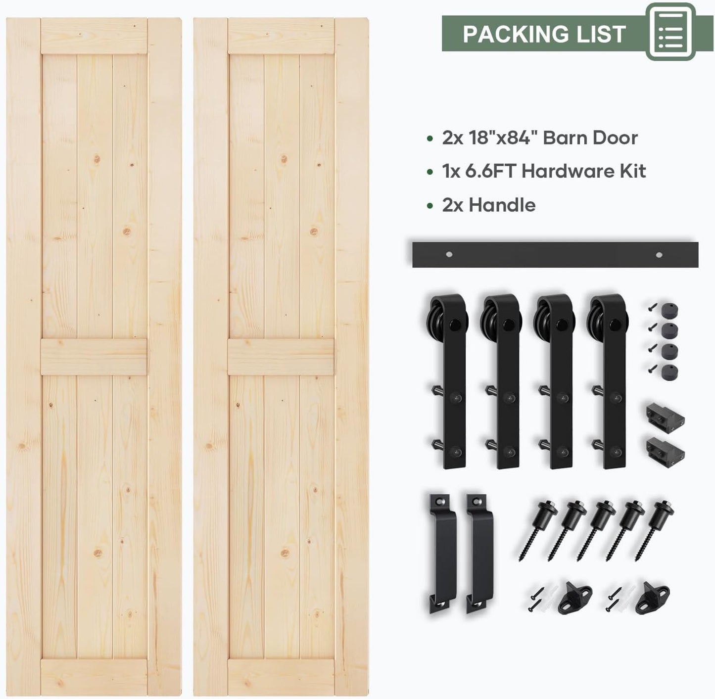 36x84 inch Double Sliding Barn Wood Door Slab with 6.6ft Hardware Kit - Easy DIY Assembly