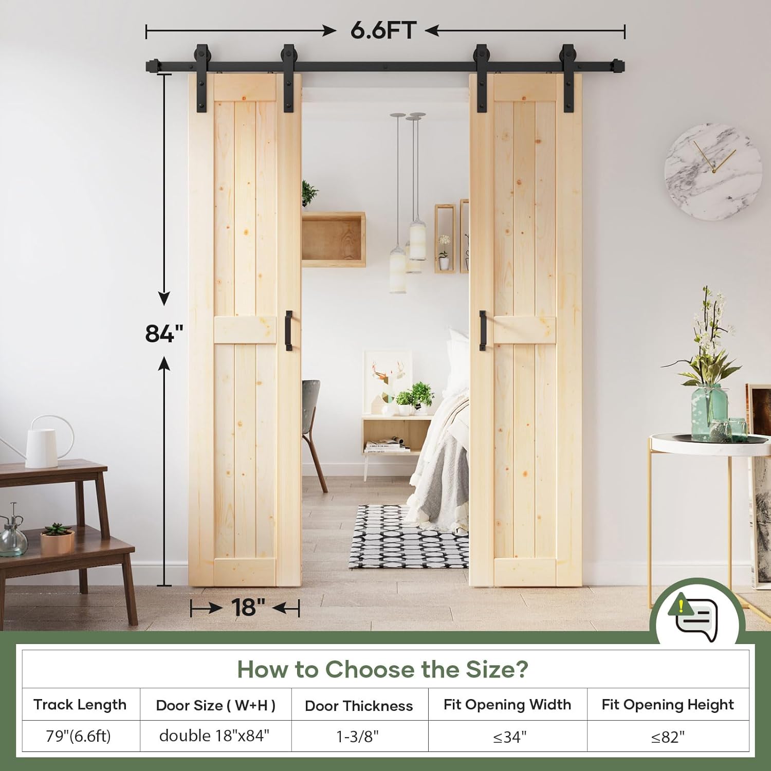 36x84 inch Double Sliding Barn Wood Door Slab with 6.6ft Hardware Kit - Easy DIY Assembly