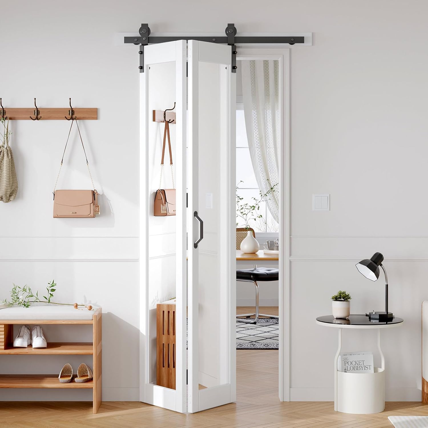 36x84 White Bifold Barn Door with Mirror Lites - Preassembled Double Closet Doors Kit for Living Room, Bathroom, Kitchen - PVC Material, 40" Track Included
