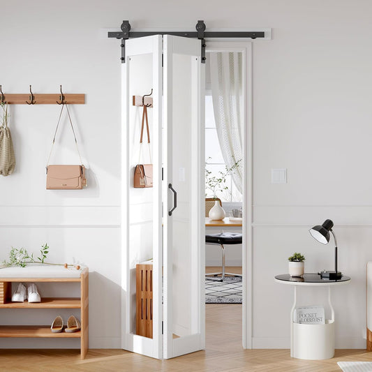 36x84 White Bifold Barn Door with Mirror Lites - Preassembled Double Closet Doors Kit for Living Room, Bathroom, Kitchen - PVC Material, 40" Track Included