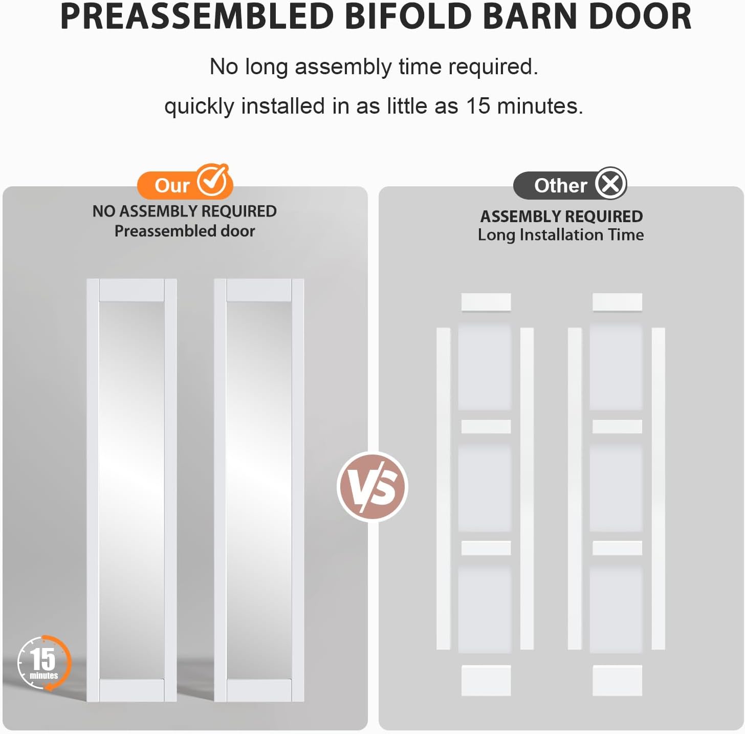 36x84 White Bifold Barn Door with Mirror Lites - Preassembled Double Closet Doors Kit for Living Room, Bathroom, Kitchen - PVC Material, 40" Track Included